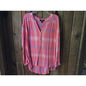 9 West Top Size L Orange Plaid Roll Tab Sleeves Casual Country Western Cowgirl